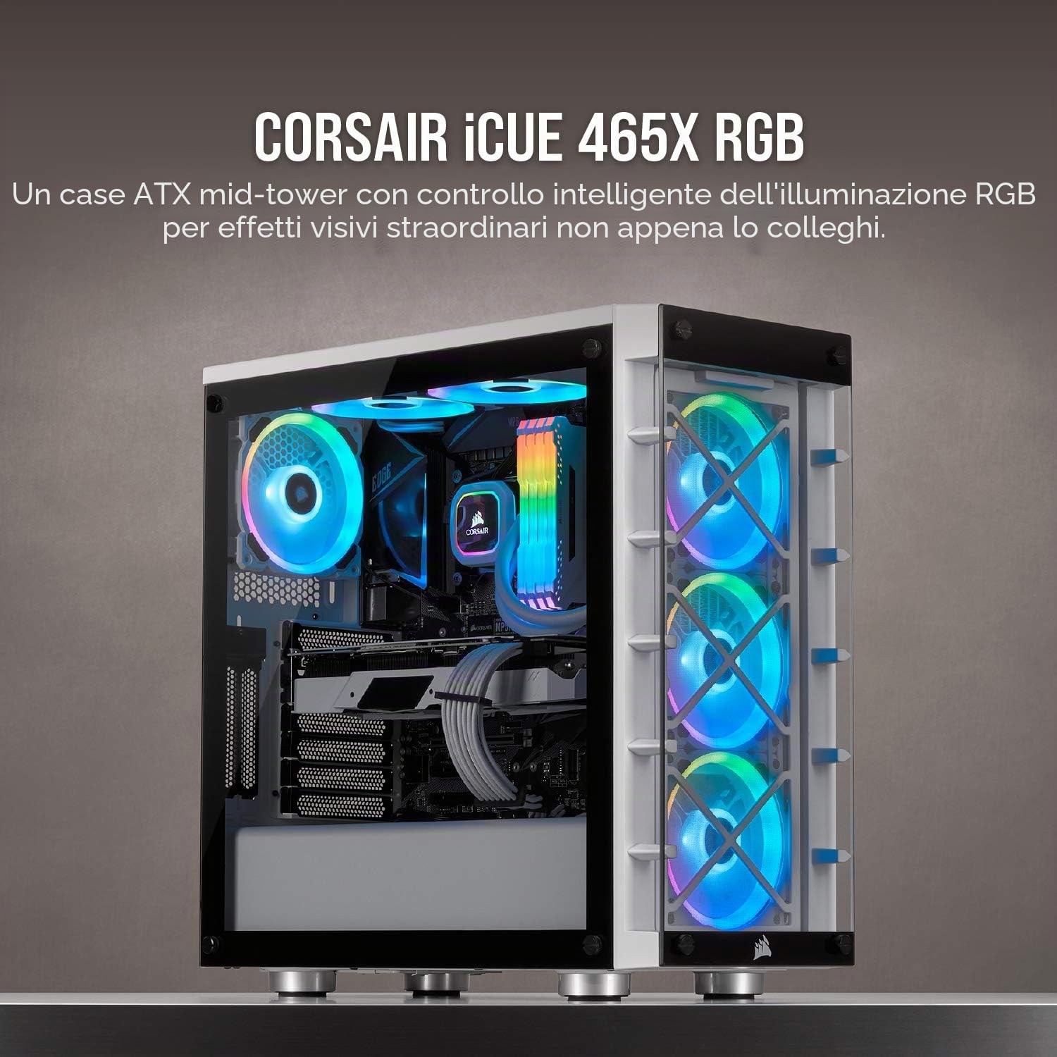 Corsair iCUE 465X RGB Vetro Temprato Smart Case Mid-Tower ATX, Pannelli Laterali e Anteriore in Vetro Temprato, Tre Ventole LL120 RGB Incluse, Opzioni Versatili di Raffreddamento, Bianco