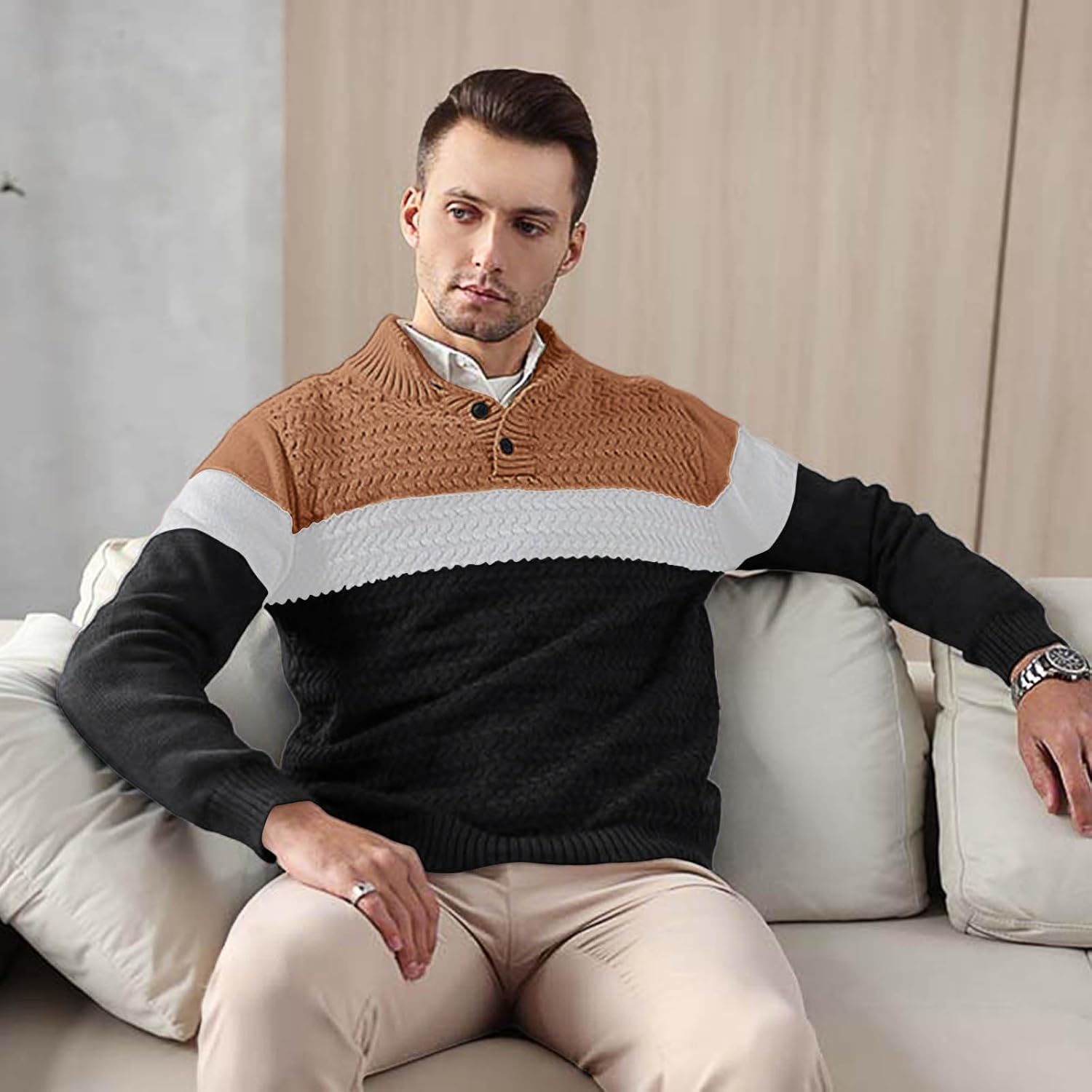 HYPESTFIT Men's Tri-Button Pullover Sweater Mock Neck Lightweight Casual Fashion Knitted Henley Sweater - Image 5