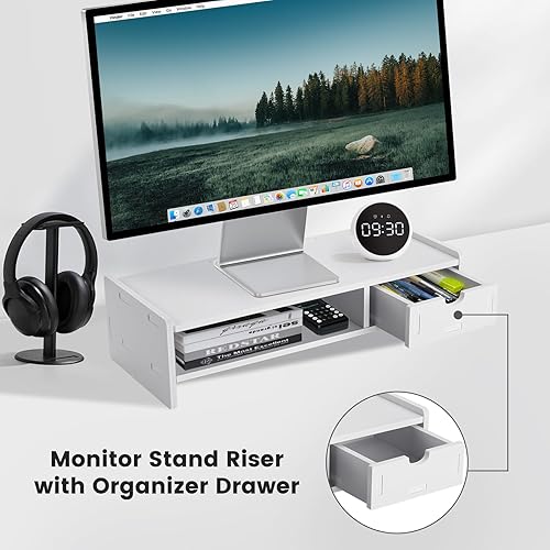 Miniatura 2 de Soporte elevador para monitor de 2 niveles, organizador de escritorio para computadora con cajón para laptop, computadora, iMac, blanco