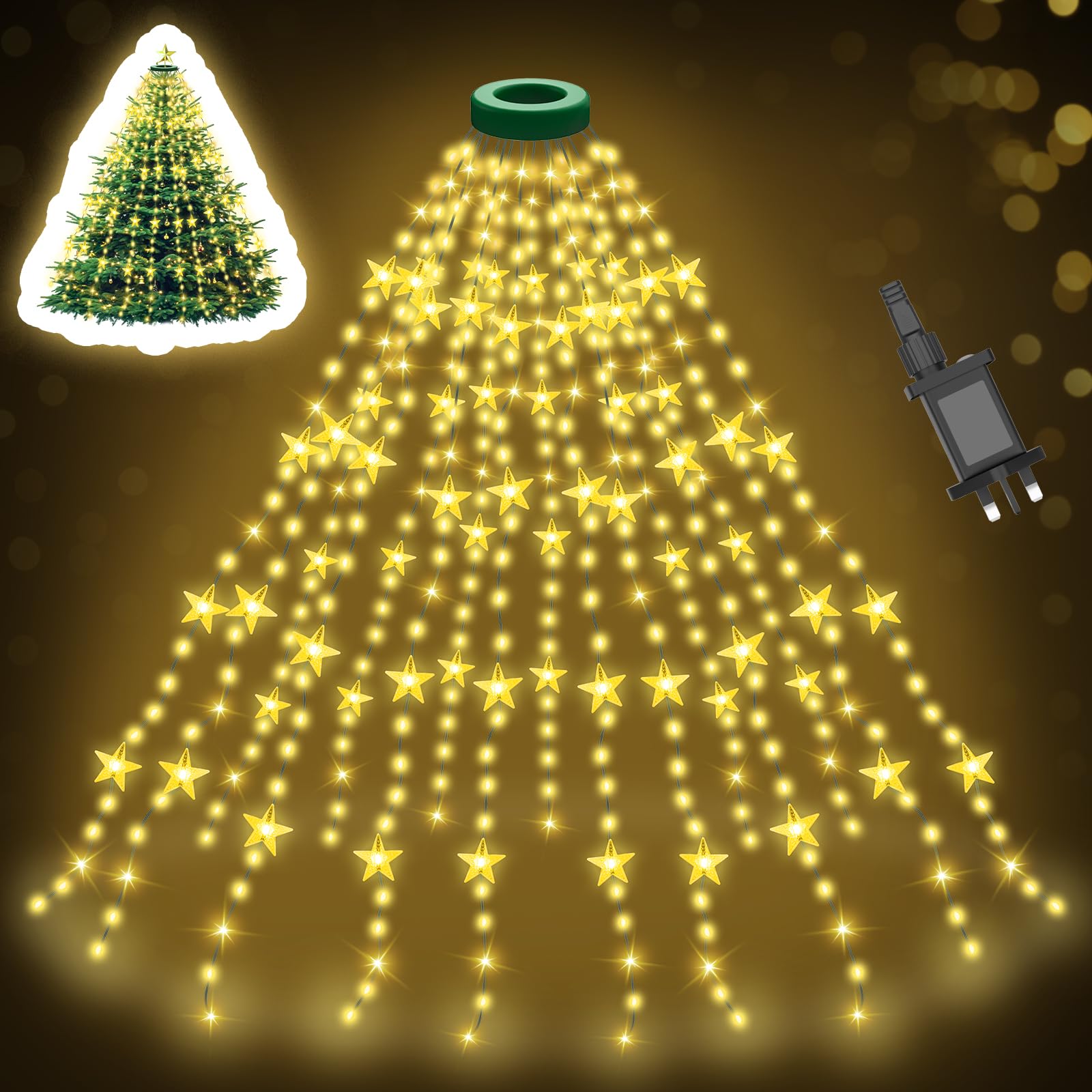 Etopgo Christmas Tree Lights,2M400LED Christmas String Lights with Star for Tree with Memory Function & 8 Modes,6.6FT x 16 Lines Fairy Lights with Timer for Xmas Tree Decorations