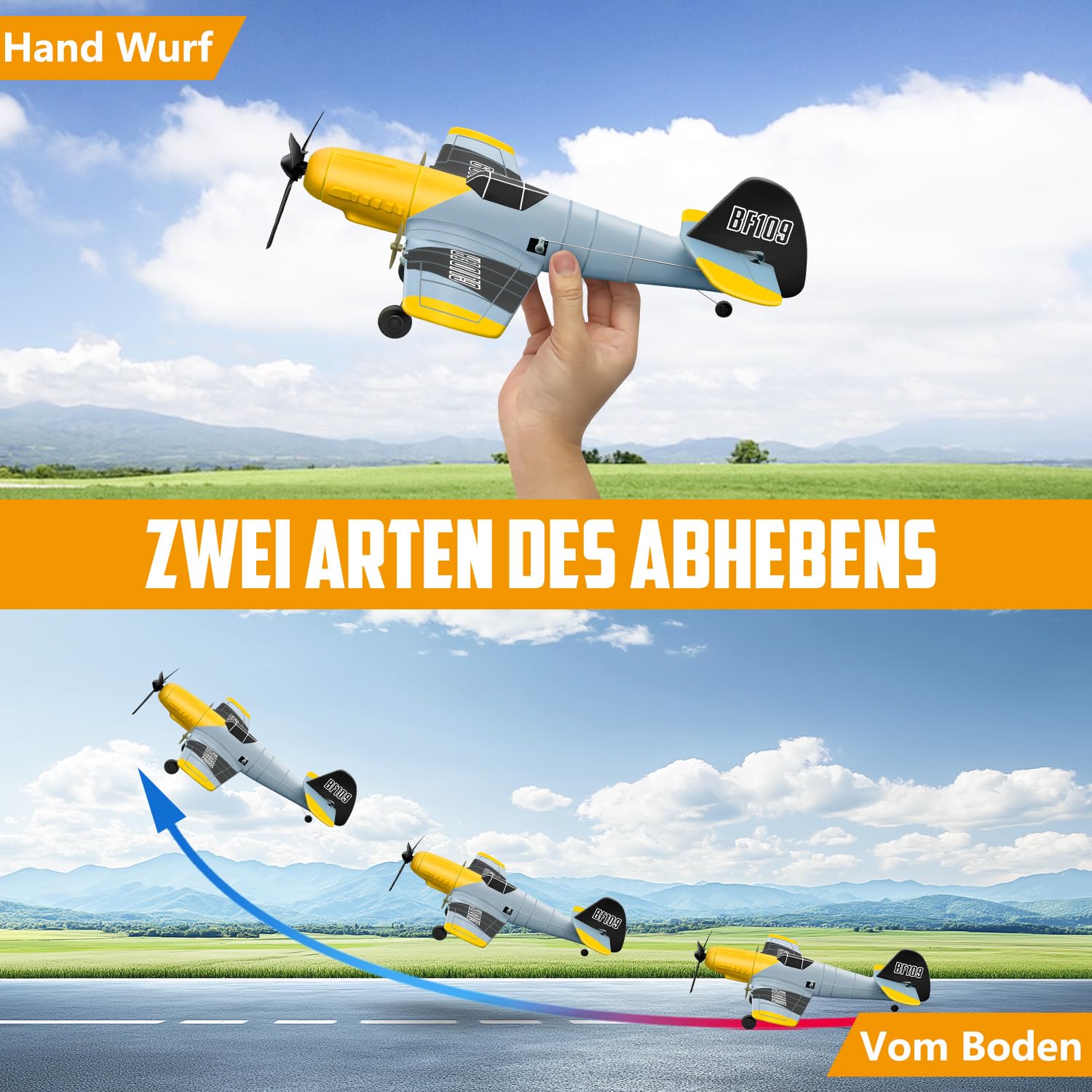 HAWK'S WORK 3-Kanal-RC-Flugzeug BF-109, Ferngesteuertes Flugzeug, flugbereit, 2.4GHz 6-Achsen Gyro Stabilisator, Einfach zu fliegen für Kinder und Anfänger