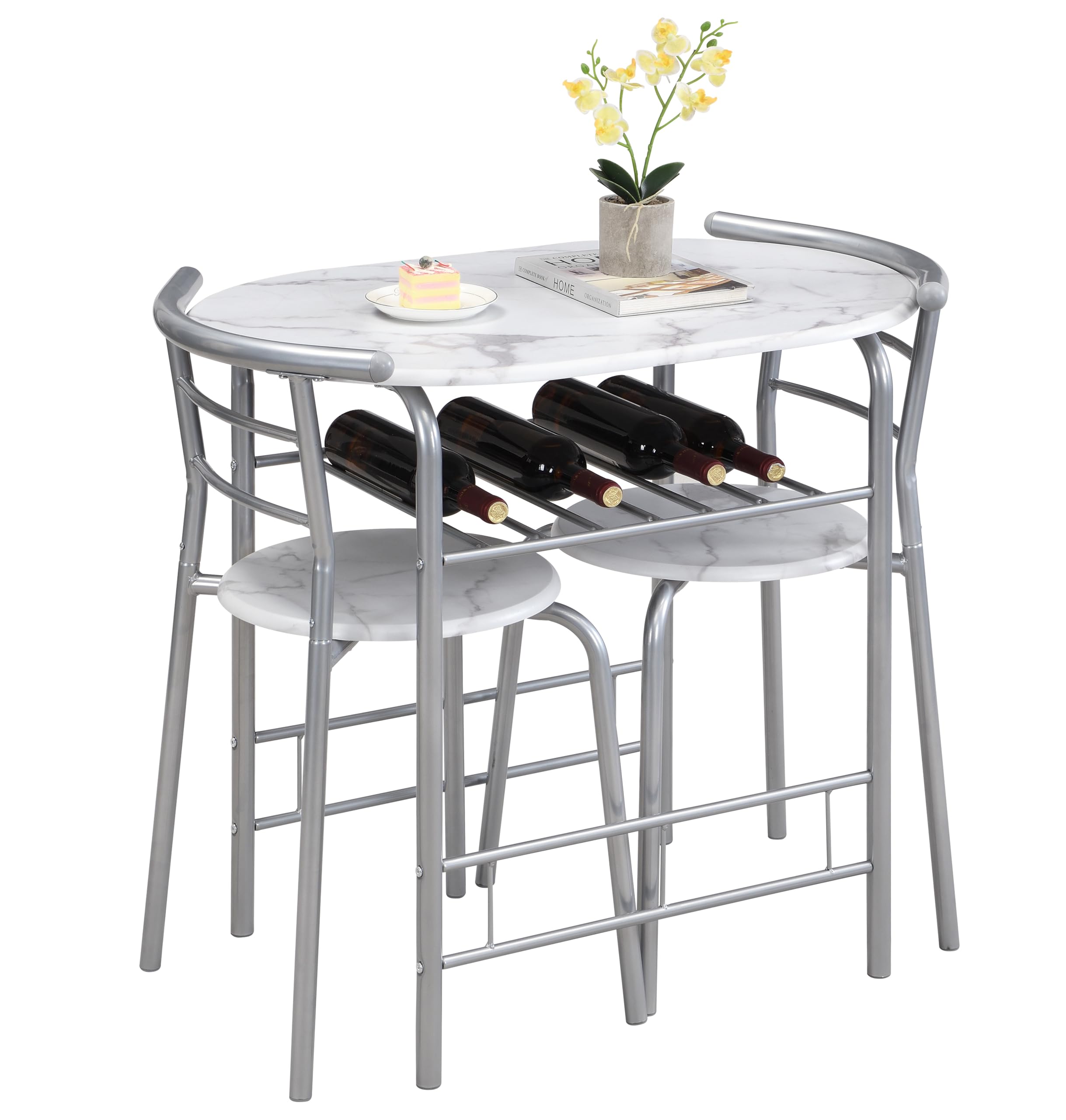 MOF Space Saving Table and Chairs Set for 2, Compact Small Dining Table Set with Storage Shelf, 3 Piece Kitchen Breakfast Table for Apartment, Studio Flat & Small Spaces (WHITE)