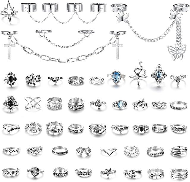ADRAMATA 54Pcs Silver Vintage Punk Rings Set for Women Gothic Knuckle Chain Rings Stackable Joint Finger Rings Boho Rings for Women