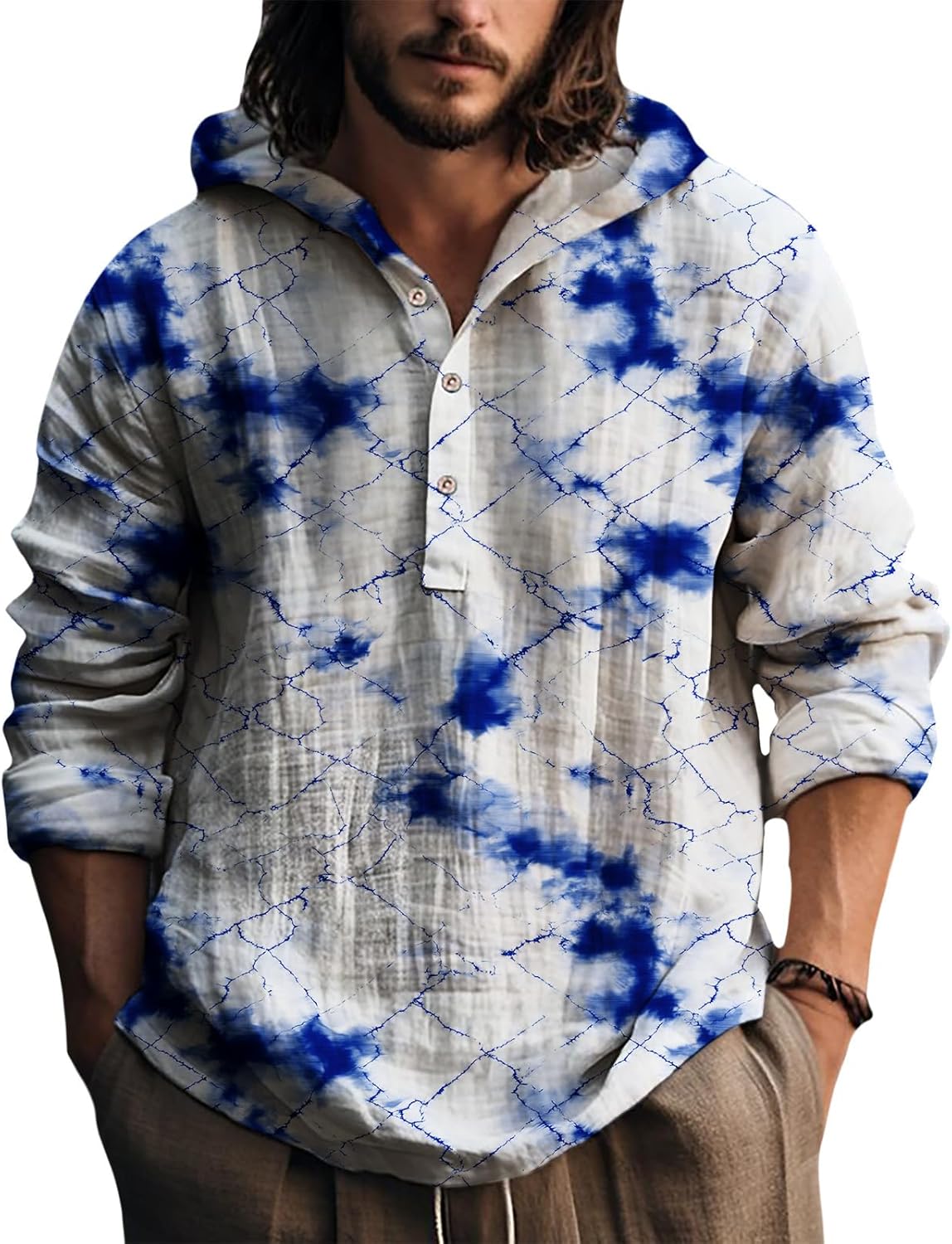 Mens Hooded Tie Dye Button Up Shirt Long Sleeve Casual Pullover Top Relaxed Fit Beach Vacation Streetwear