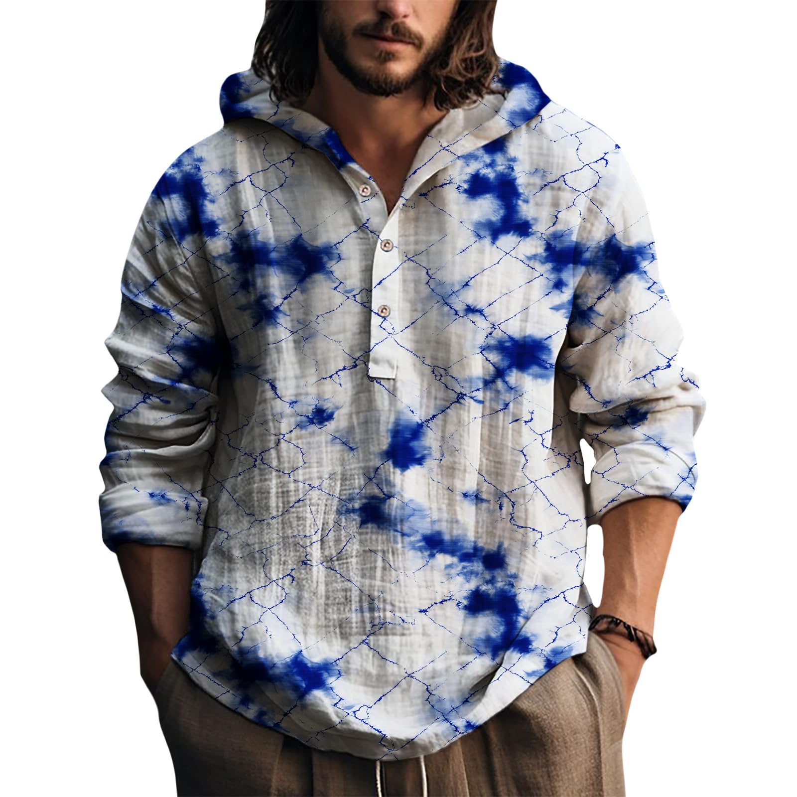 Mens Hooded Tie Dye Button Up Shirt Long Sleeve Casual Pullover Top Relaxed Fit Beach Vacation Streetwear