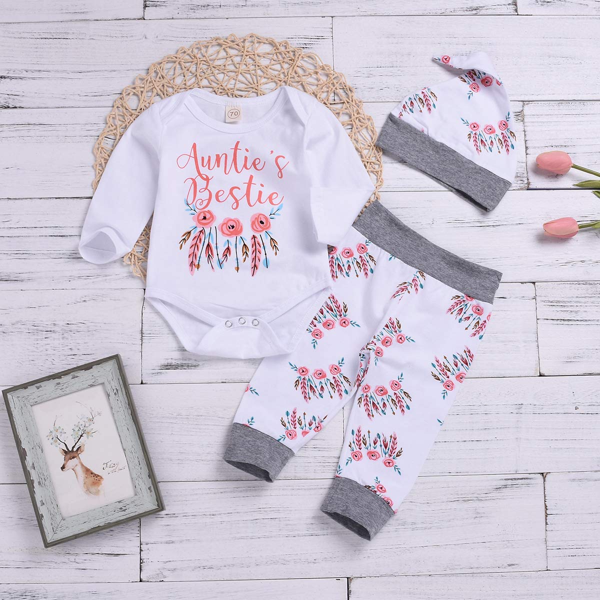 Baby Girl Ubrania Ciocia Bestie Romper Top + spodnie kwiatowe + czapka 3-częściowy zestaw ubrań dla niemowląt