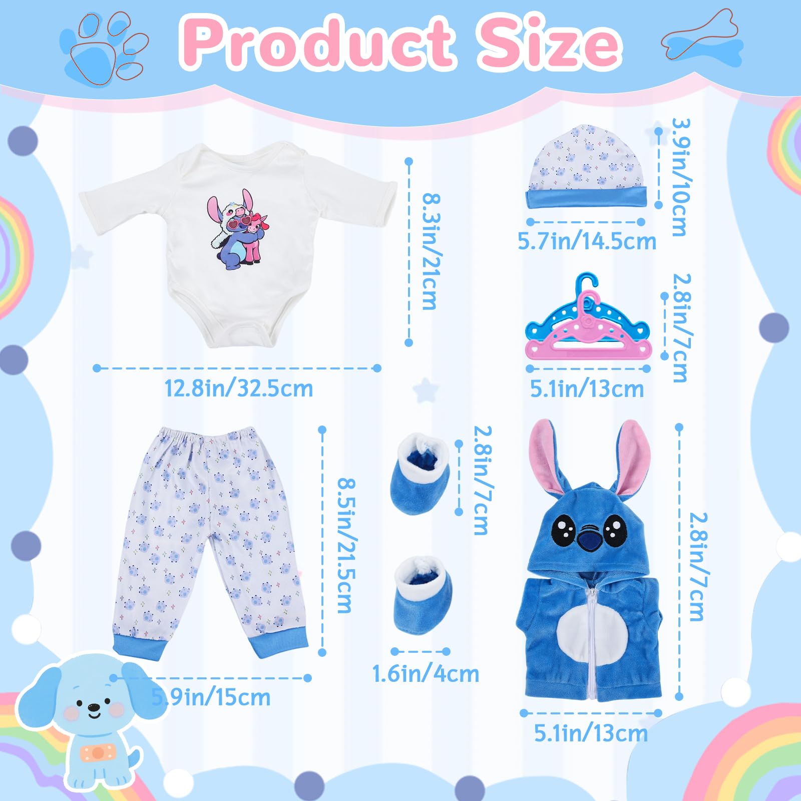 7 Stück Puppenkleidung, Blaue Kleidung Outfit für 35-43 cm Baby Puppen mit Jacke, Oberteil, Hose, Mütze, Socken, 2 Kleiderbügel für 14-18 Zoll Puppen, Baby Zubehör Geschenke für Mädchen Jungen - 2