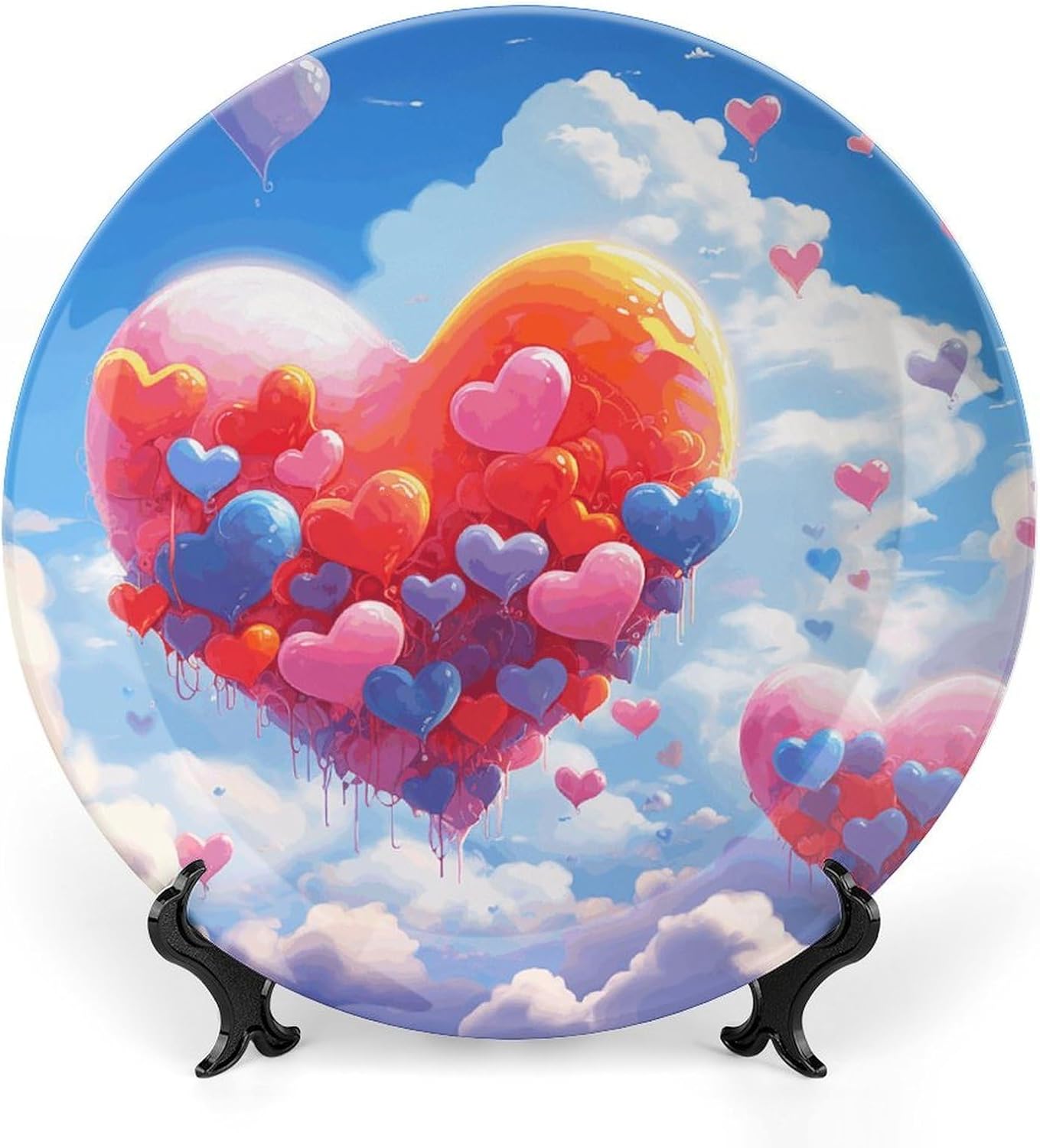 Heart Shaped Drawing Decorative Ceramic Plate Personalized Bone China Decorative Plate Round Porcelain Plates with Display Stand Cabinet Display Plates for Home Decor 10inch