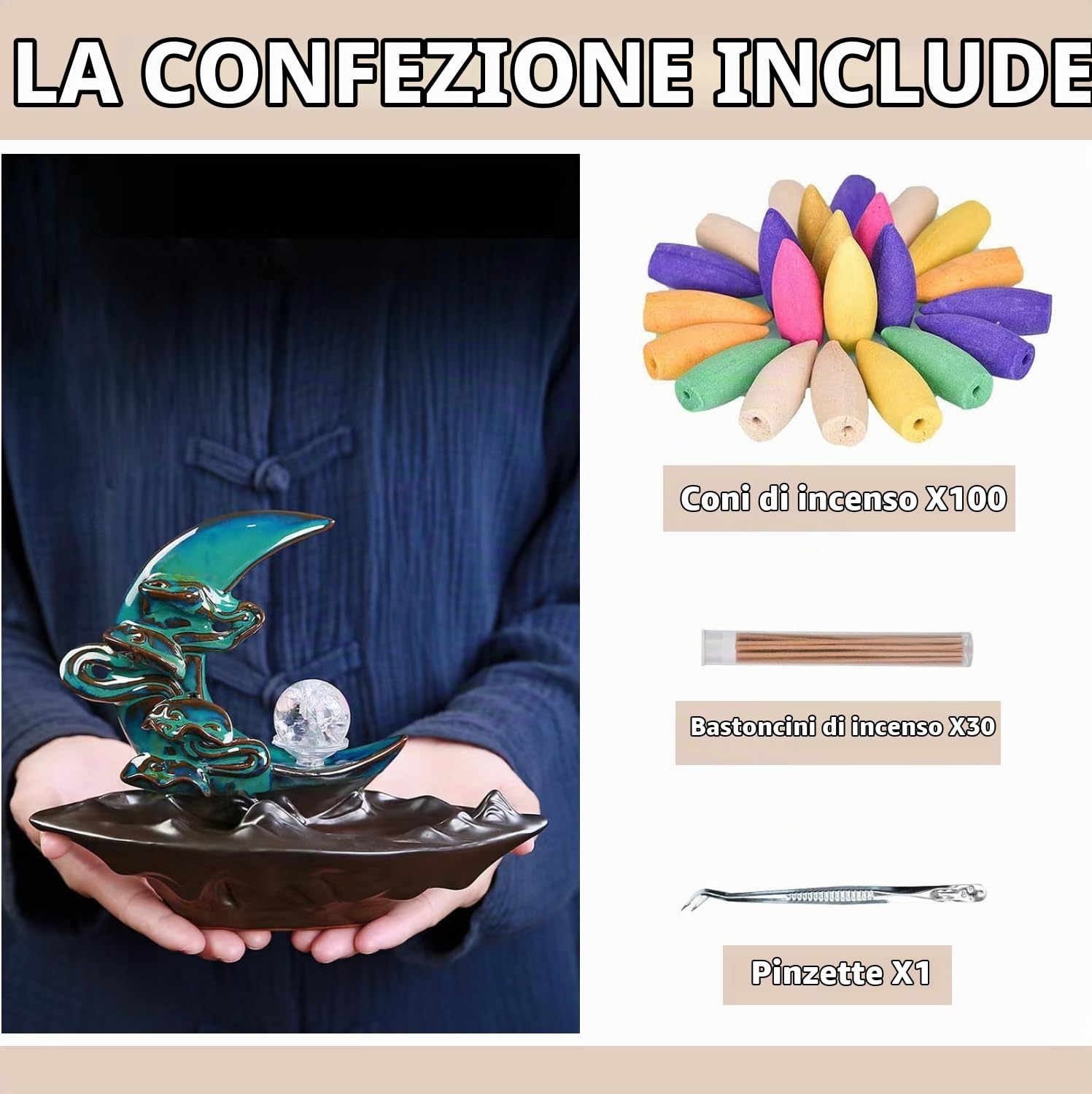 Brucia incenso a Cascata, Porta incenso a riflusso a Cascata,con 60 coni aggiornati+30 bastoncini di incenso, Porta incenso a Cascata,per decorazioni per la casa ornamento