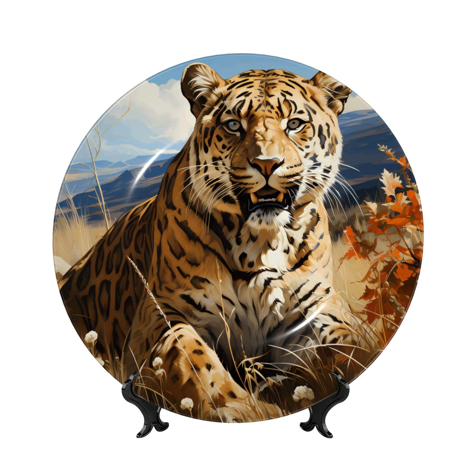 SXZVVBN Leopard in search of prey Bone China Decorative Plate Art with Stand Removable Adhesive Hanging for Home Office 8in（20cm）