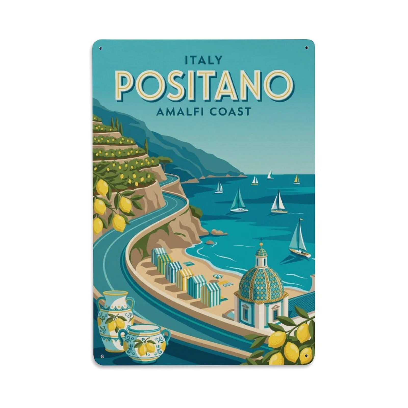 Vintage Travel Positano Italy Teal Metal Tin Sign Plaque Wall Decor for Cafe, Club Bar, Office, Garden Metal Poster 8x12Inch