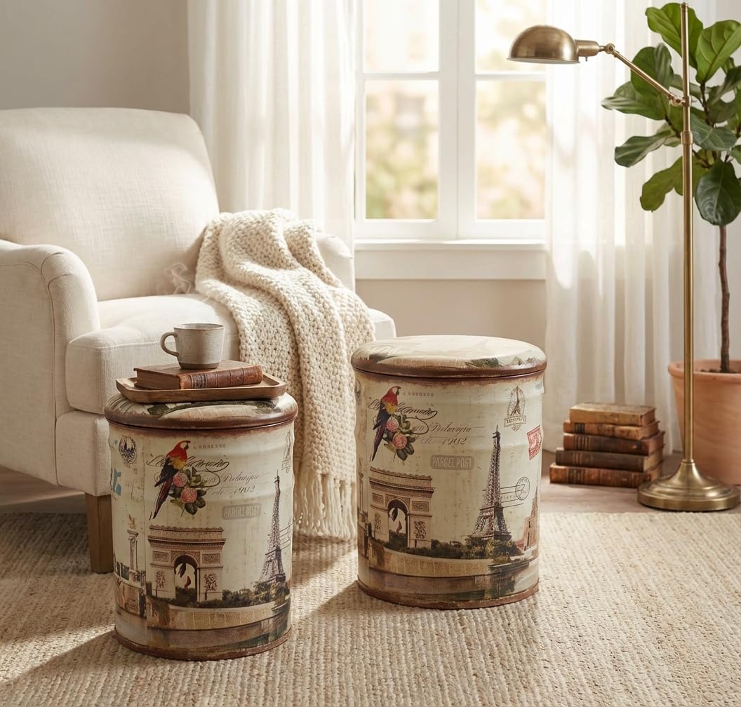 Set di 2 pouf contenitore Rotondo poggiapiedi in MDF PVC cm 30x30x37 - BUCH Multicolor