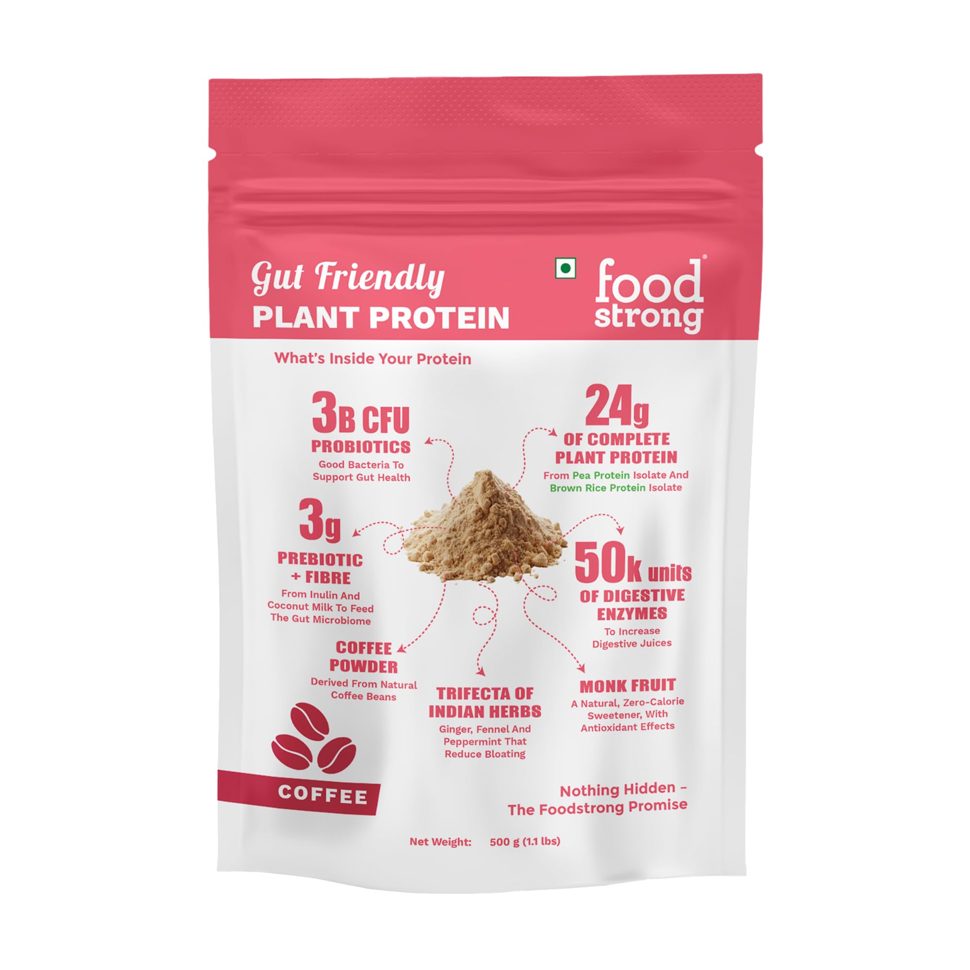 Foodstrong Gut Friendly Plant Protein - Coffee | 24g Complete Plant Protein with Probiotics, Digestive Enzymes, Prebiotics & Indian Herbs | Vegan | No Sugar | 500g-image-17