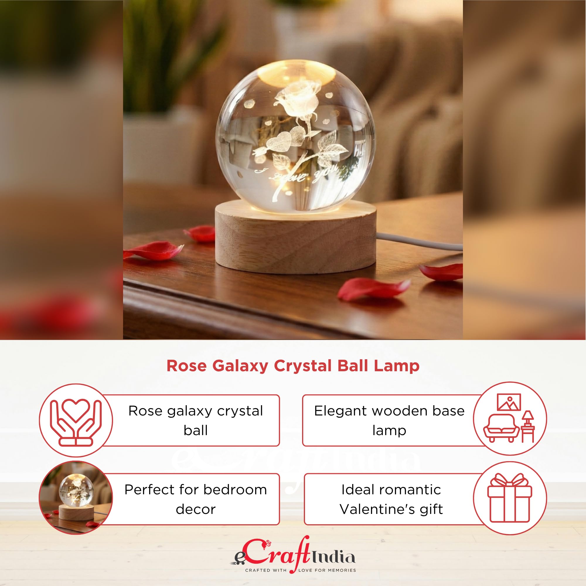 eCraftIndia I Love You Rose Galaxy Transparent Crystal Ball Night Lamp with Wooden Base Showpiece Table Lamp for Home Decor Bedroom Living Room TV Unit Romantic Gift for Valentine Day Anniversary 3