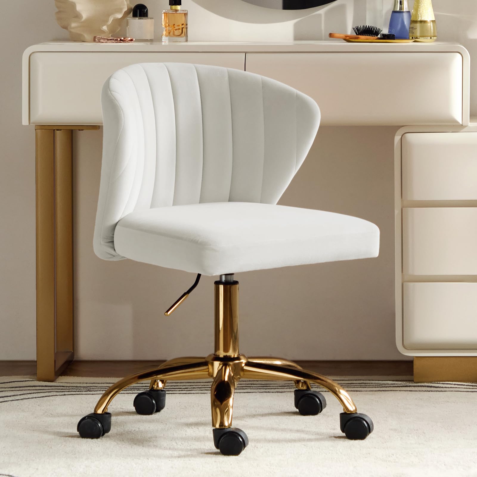 HULALA HOME Height Adjustable Swivel Desk Chair with Gold Base, Ivory