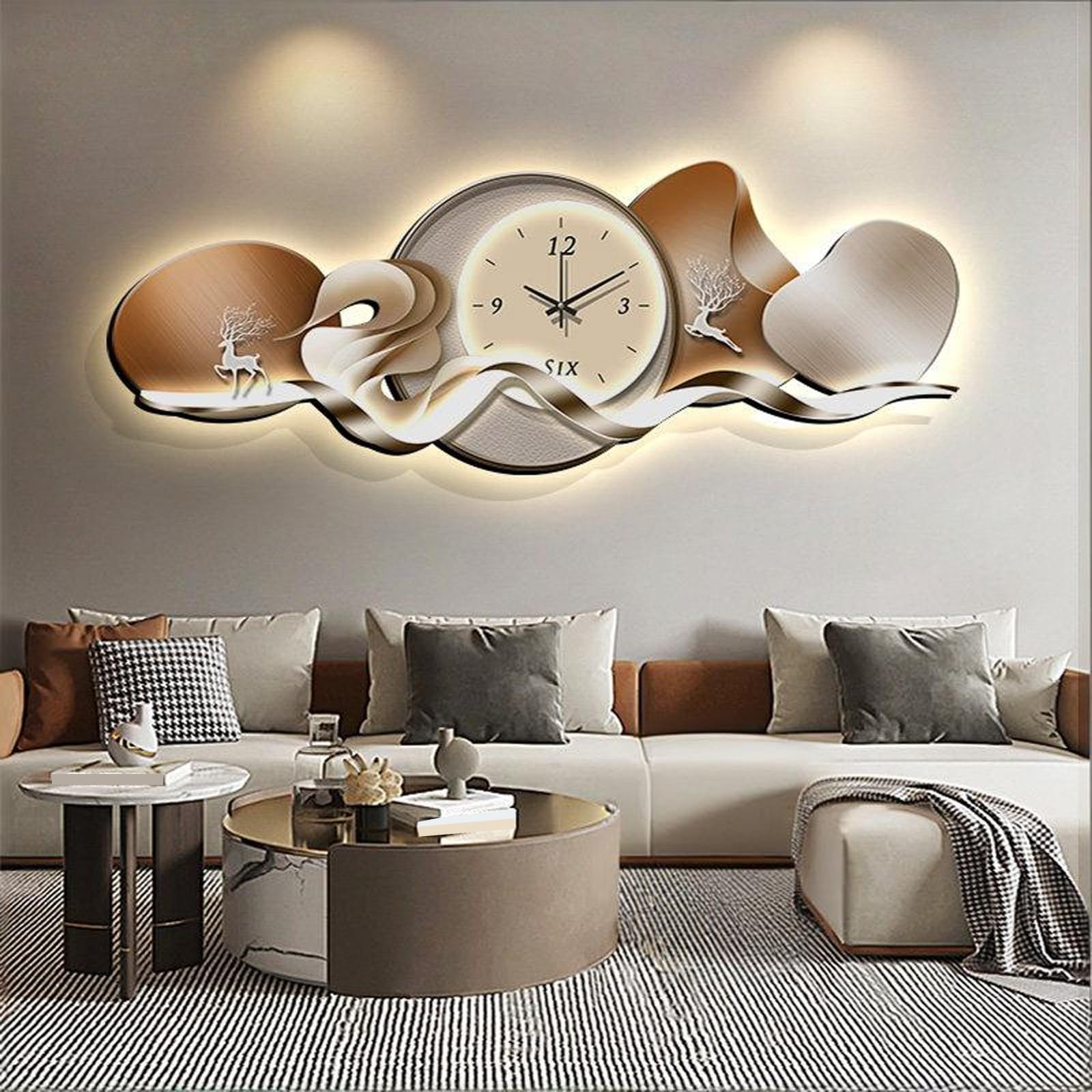 Dekoracyjny obraz do salonu z zegarem, zegar dekoracyjny 3D, luksusowe tło sofy, podświetlana sztuka ścienna (brązowy 2, 120 x 44 cm)