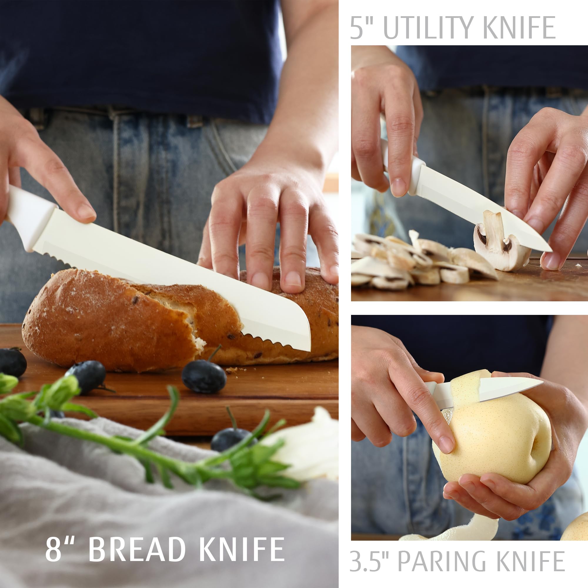 hecef Set de 14 Couteaux de Cuisine avec Bloc Aiguiseur, Revêtement Antiadhésif – Compatibles Lave-vaisselle, Manches Ergonomiques, Gain de Place, Idéal pour Cadeau ou Cuisine Moderne (Crème)