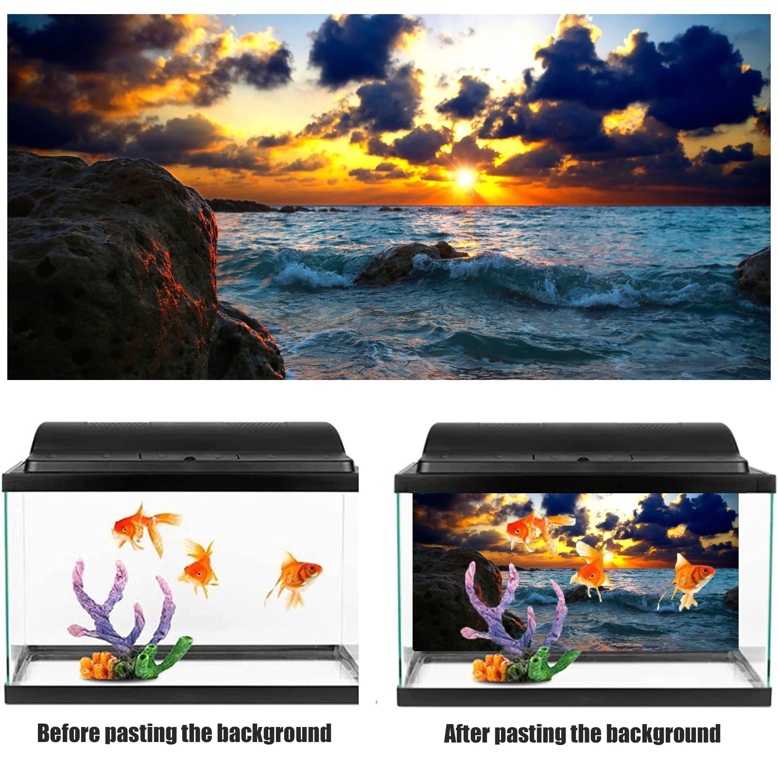 NIMOSA Autocollant de fond pour aquarium - Poster sous-marin en PVC autocollant - Océan coucher de soleil - Papier peint décoratif pour aquarium - Images de fond sous-marin - Image décorative, 122 x