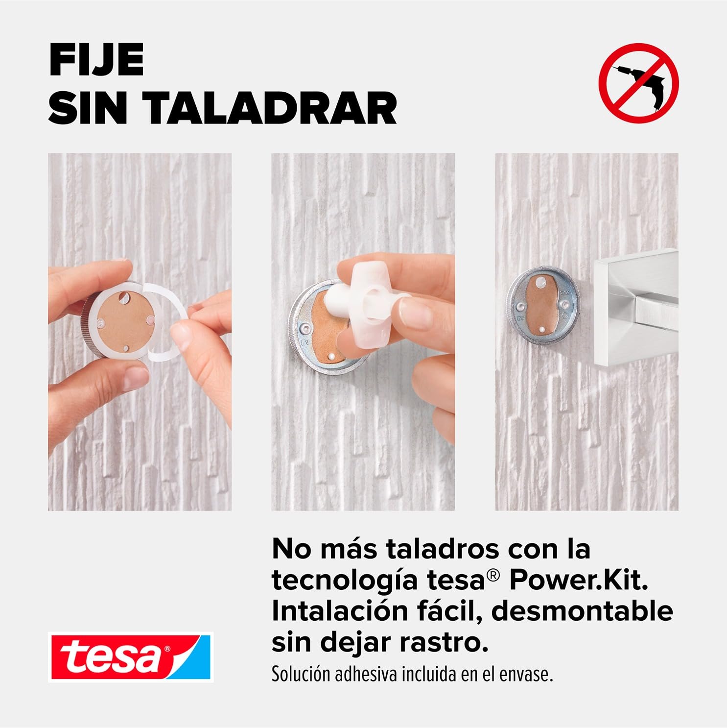 tesa EXXCLUSIV - Soporte para Escobilla de Baño - Montaje sin Taladrar - Alta Fuerza de Fijación con Tecnología Power.Kit - 445 x 95 x 137 mm - Acero Inoxidable