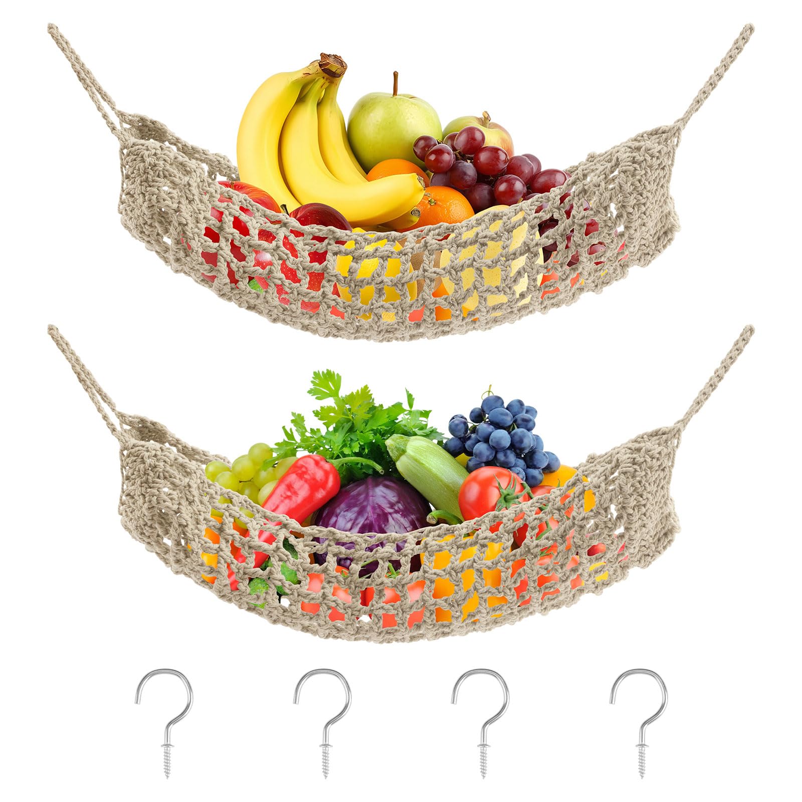 UFURMATE 2Pcs Macrame Fruit Hammock, Cotton Fruit Holder Net, Under Cabinet Veggie Storage Space Saving Kitchen Decor with Hooks