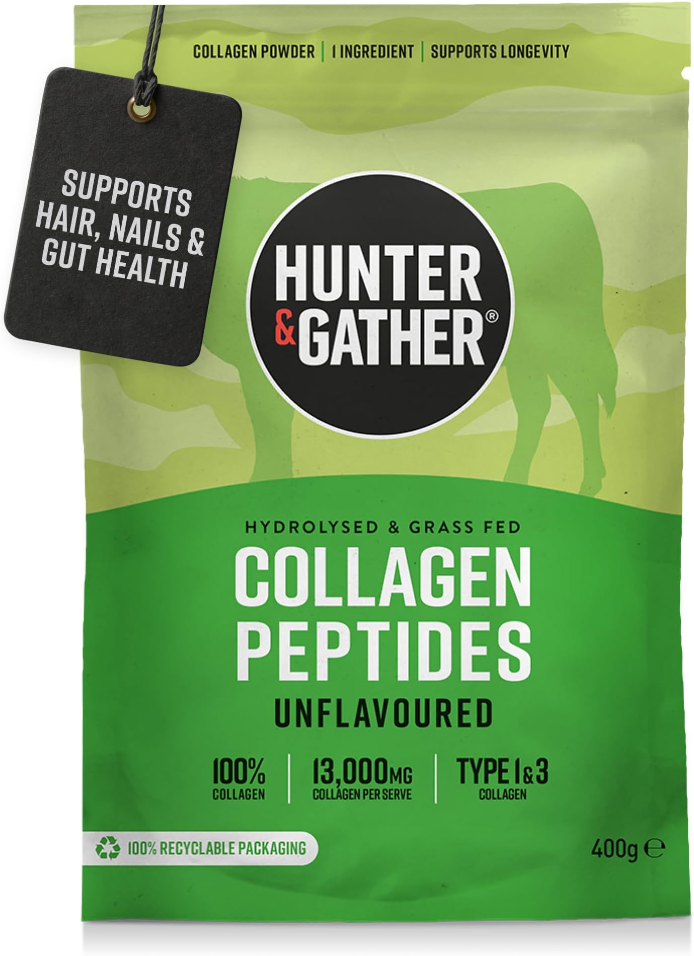 Hunter & Gather Grass Fed Bovine Collagen Powder 400g | 100% Unflavoured Hydrolysed Collagen Peptides | Hair, Skin, Nails & Gut Health | Type 1 & 3 Collagen I High Protein Supplements for Women & Men