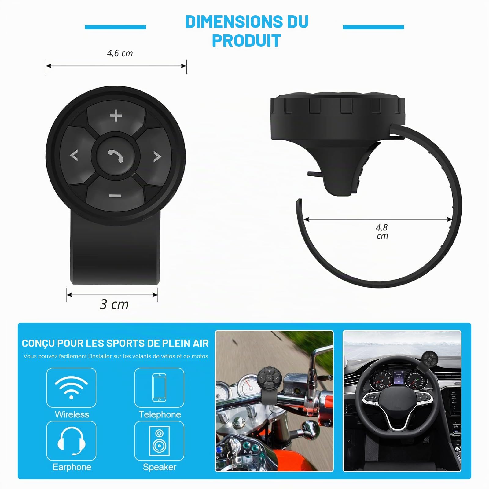 Fyearfly Bouton Télécommande Multimédia Bluetooth pour Guidon, Casque Audio sans Fil pour Casque, Contrôleur Multimédia pour Guidon de Moto, pour Contrôler La Musique, Les Appels Et Le Volume
