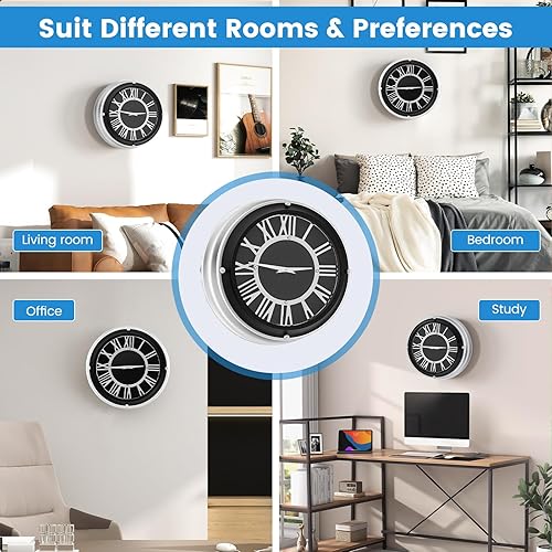 Miniatura 8 de Goplus Reloj de pared silencioso, reloj moderno sin tictac con números romanos y marco de aluminio plateado, fácil de leer, relojes de pared grandes