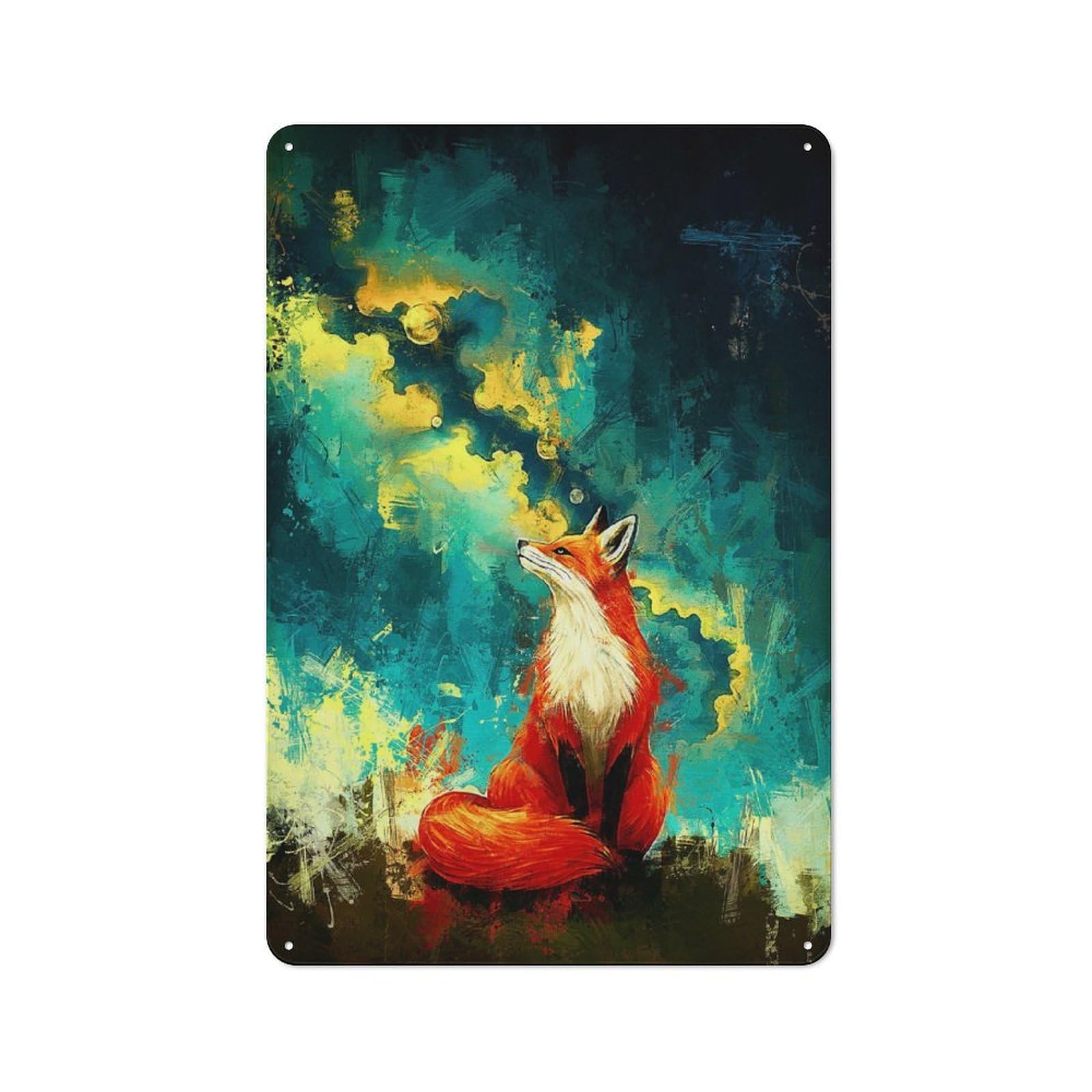 Junmoney Style-18 Vintage Metal Plaque 30X20cm Featuring Fox In Abstract Landscape For Hallway Wall, For Wall Display Collectors