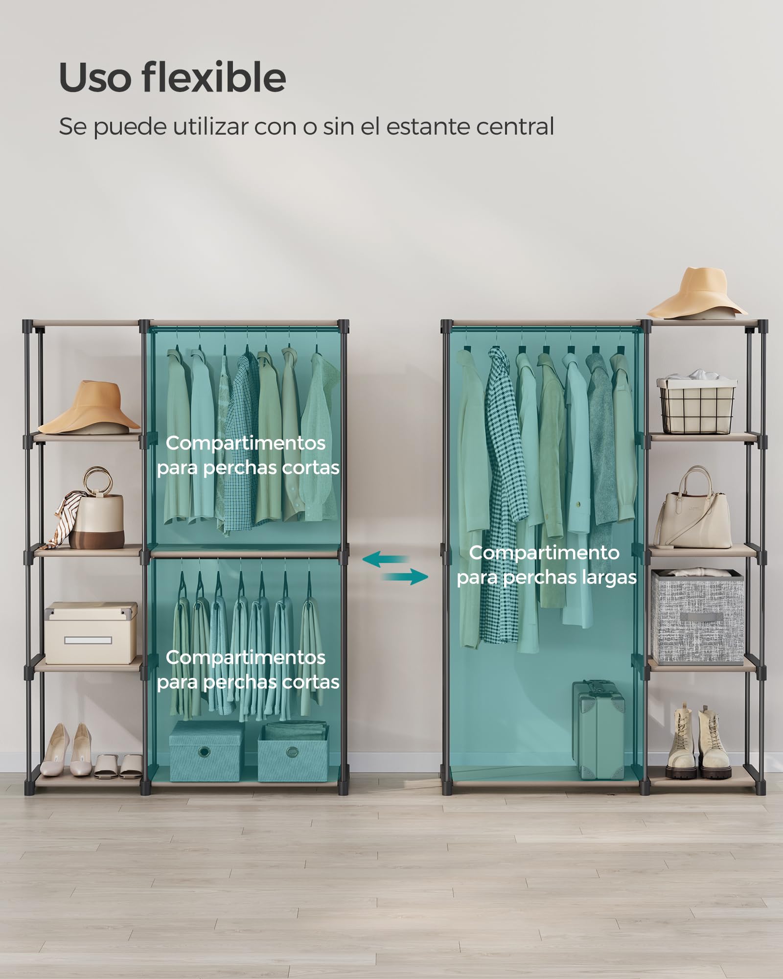 SONGMICS Armario de Ropa, Perchero, Burro Ropa, 124 x 43 x 182 cm, 2 Secciones para Colgar, con Compartimentos, Gran Capacidad, para Dormitorio, Salón, Lavandería, Topo RYG026R02