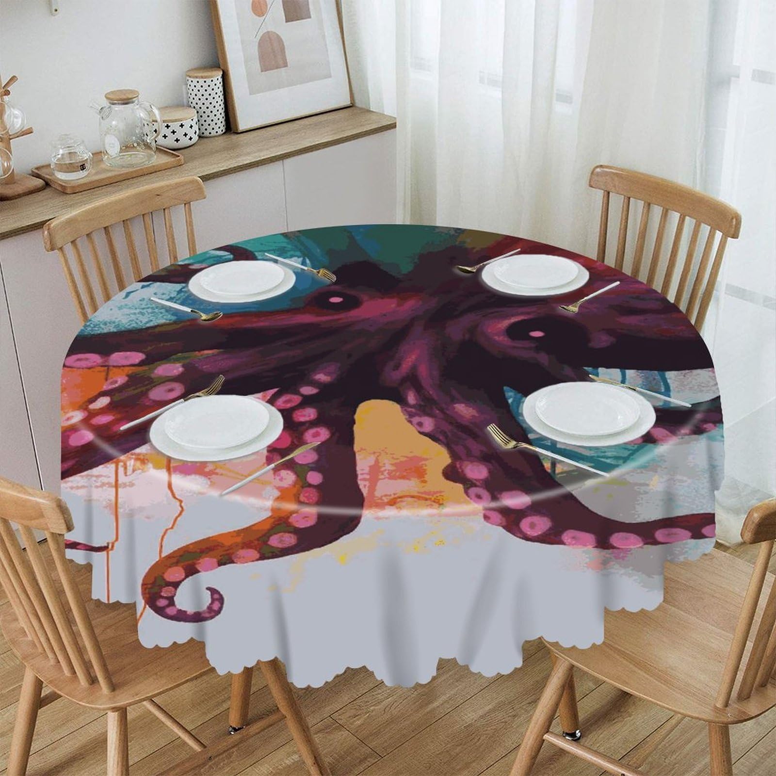 VstaDank - 60 inch colorful octopus abstract round tablecloth easy to clean thick polyester round tablecloth decorative for dining room kitchen party farmhouse outdoor