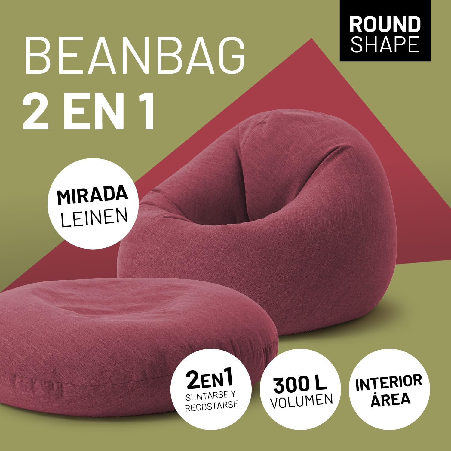 Lumaland Puff Pera Redondo Grande 120 x 80 x 75 cm | con Relleno Incluido 300l | Sillón Relax de Lino para Interior | Sofá Redondo Ideal para Salón y Habitación [Rojo]