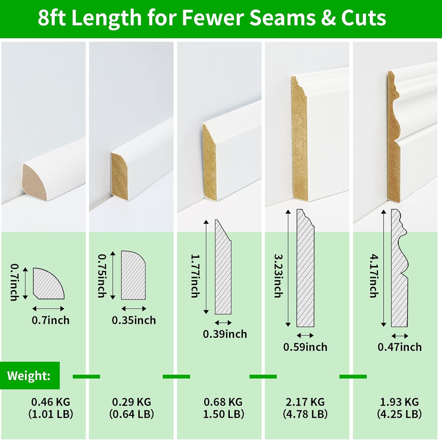 Art3d 8 Pack, 8 ft Each (64 ft Total) MDF Baseboard Wall Molding Trim, Skirting Board Panels, 4.17 in. High, Paintable, Warp-Resistant, Easy Installation for Living Room, Bedroom and Office (White)