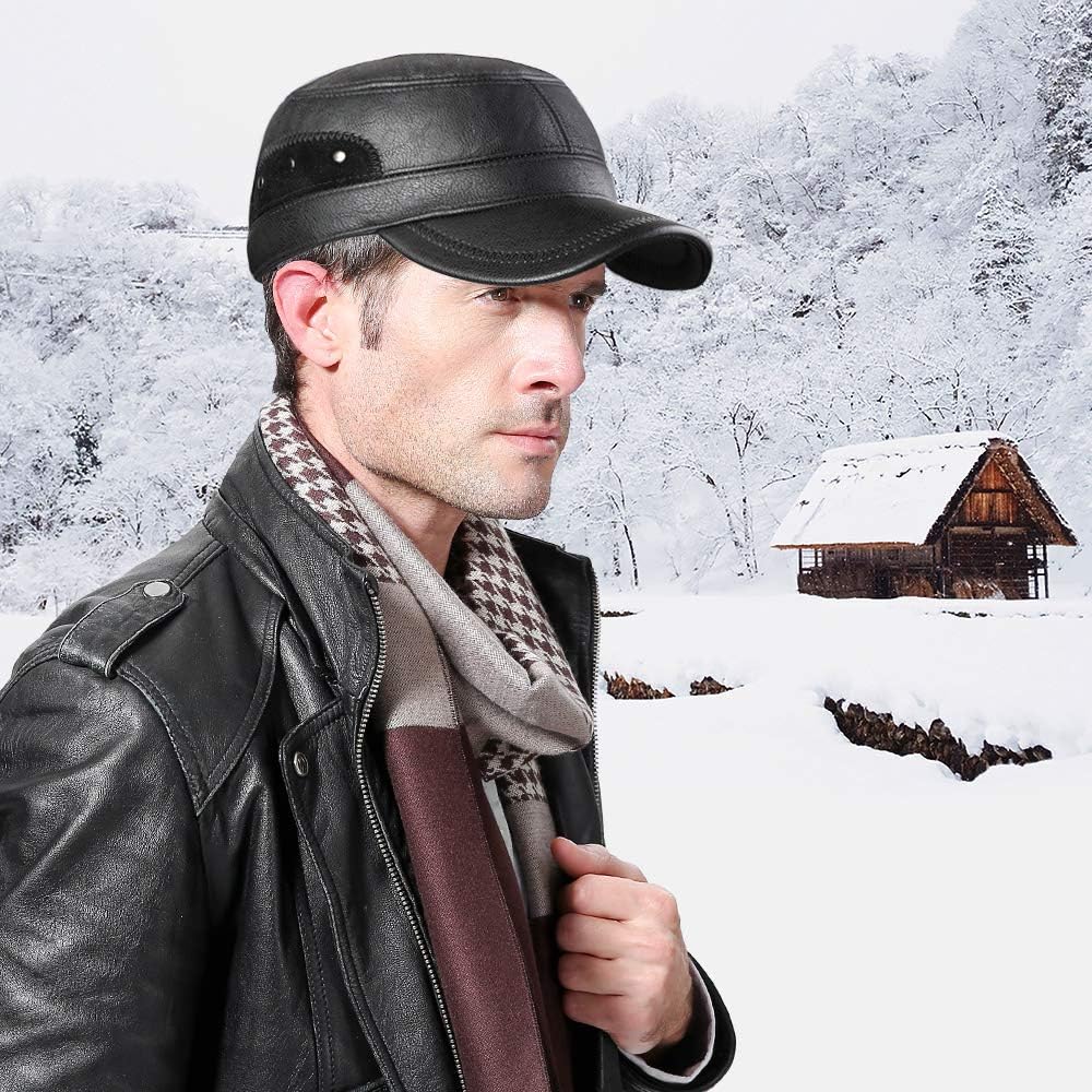 Sumolux Winter Leather Cap with Earflap Military Cadet Army Flat Top Hat Outdoor