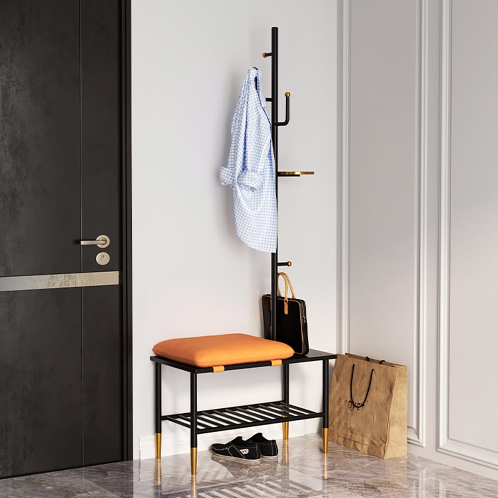 Porte-manteau pour entrée encombrée solution gain de place orange avec banc et étagères