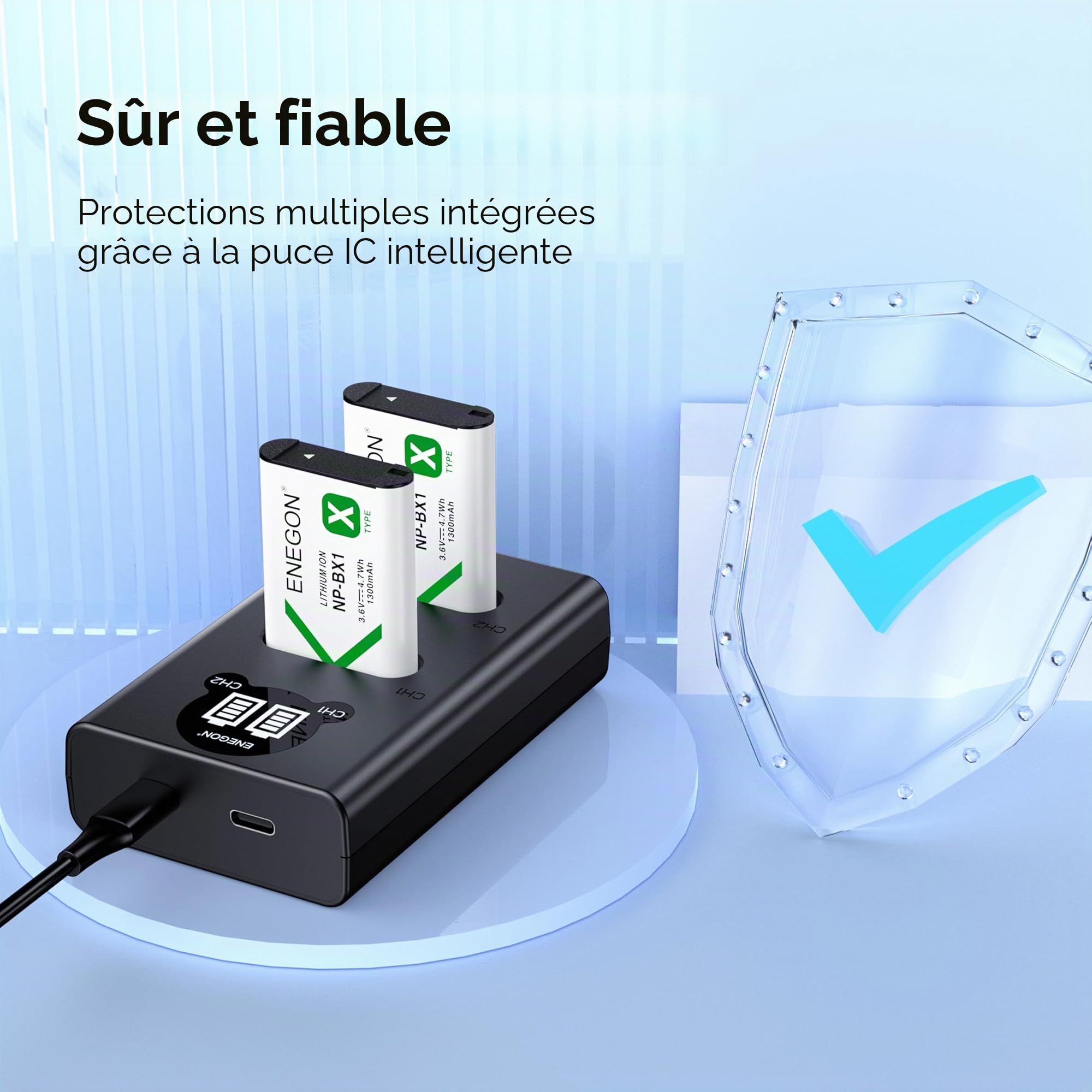 Batterie ENEGON NP-BX1 (Pack de 2 1300mAh) et kit de Chargeur LCD compatibles avec Sony NP-BX1 et Sony ZV-1, Cyber-Shot DSC-RX100, DSC-RX100 II/III/M4/M5/M6/M7/Ⅳ/Ⅴ/Ⅵ/Ⅶ/VA, DSC-RX100M II, HDR-CX405