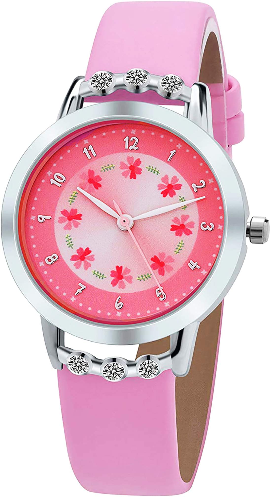 AnlooGirls Watches,Flowers Diamond Wrist Watch Leather Band Quartz Cute Waterproof Watches for Kids Girls