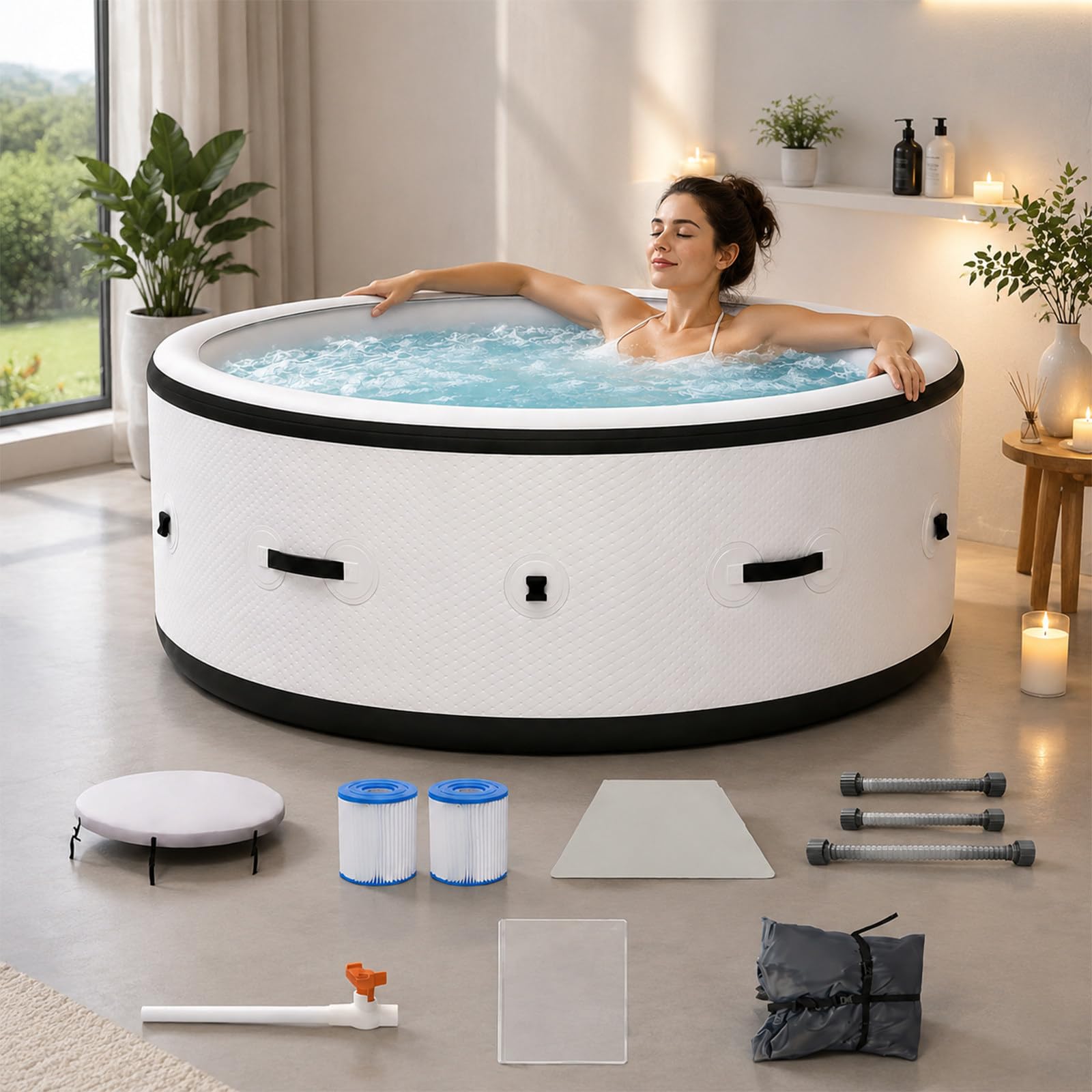 SHUMIAO Inflatable Hot Tub 4-6 Person, 81.1" x 27.95" Portable Spa with 150 Massage Bubble Jets & 104°F Fast Heating, 6-Color Changing LED Light, Durable Puncture-Resistant Blow Up Tub for Backyar