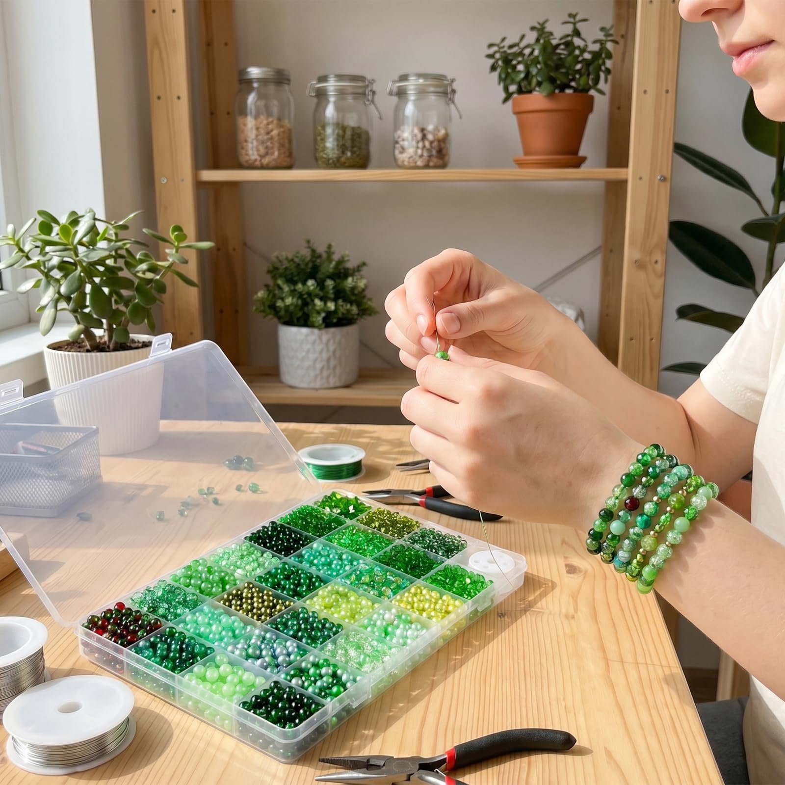 1200Stück DIY Perlenpflanzen-Set, DIY Handwerk Set Grünes Glas Perlen Pflanze Kit, Blumenperlen, Pflanzenherstellung, grüner Glaskristall, Wassertropfen für Schmuckherstellung, DIY (2 Box(2400PC))