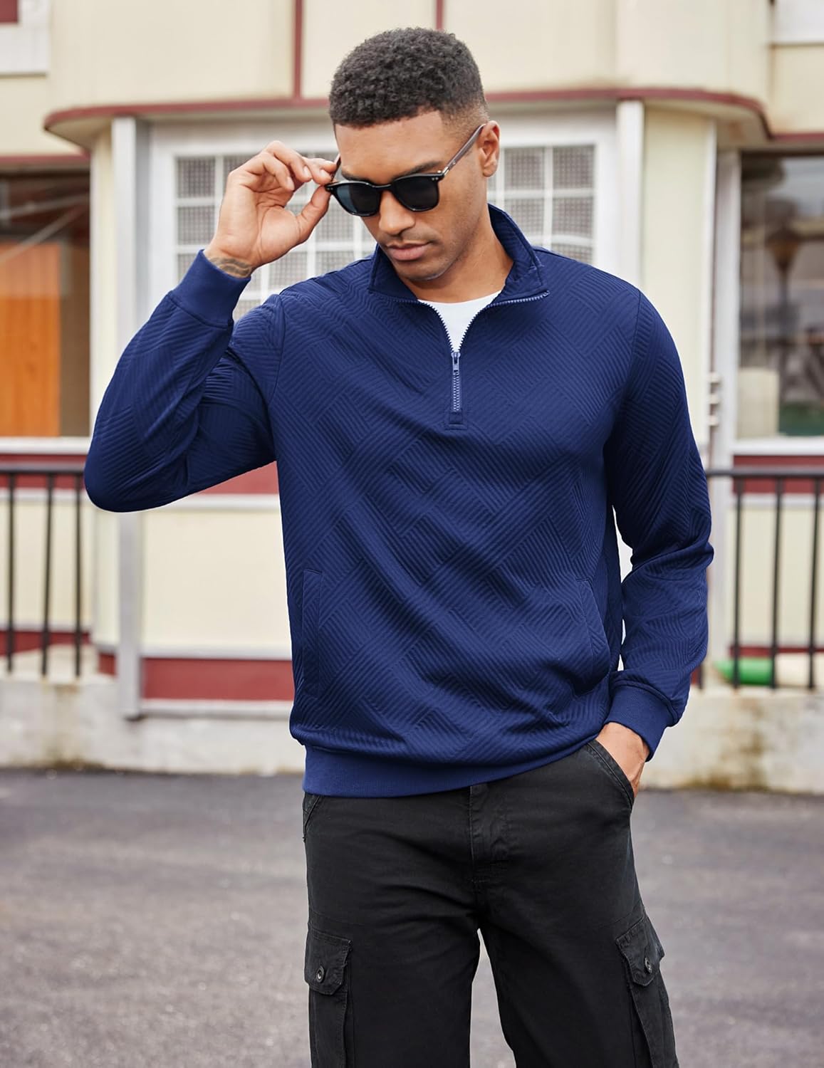 COOFANDY Mens Quarter Zip Pullover Casual Long Sleeve Quilted Sweatshirt Mock Neck Polo Sweater with Pocket - Image 5