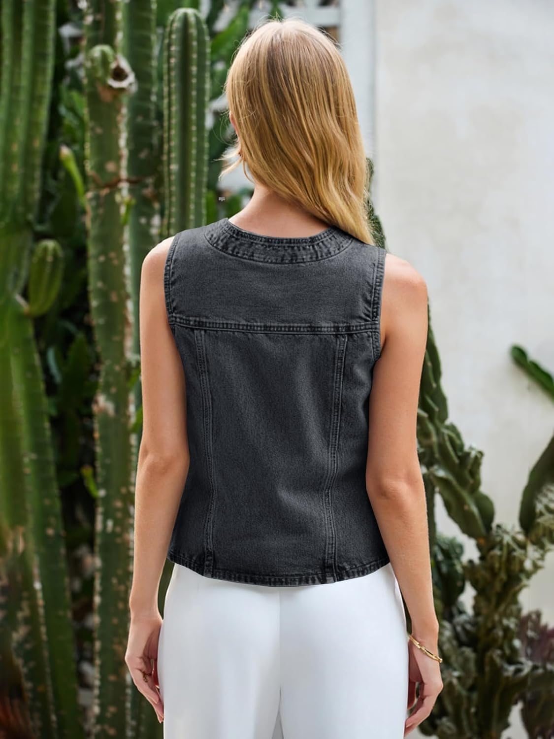 Tankaneo Womens Cropped Denim Vest V Neck Button Down Fitted Jean Tops Summer Sleeveless Trendy Waistcoat - Image 4