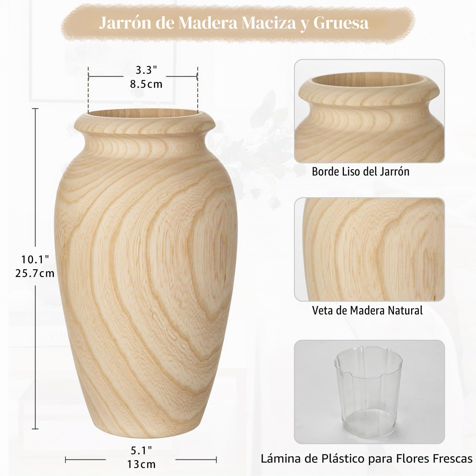 Briful Jarrón de madera hecho a mano de 25,7 cm de alto, jarrón grande de madera de fresno natural para arreglos florales para decoración del hogar