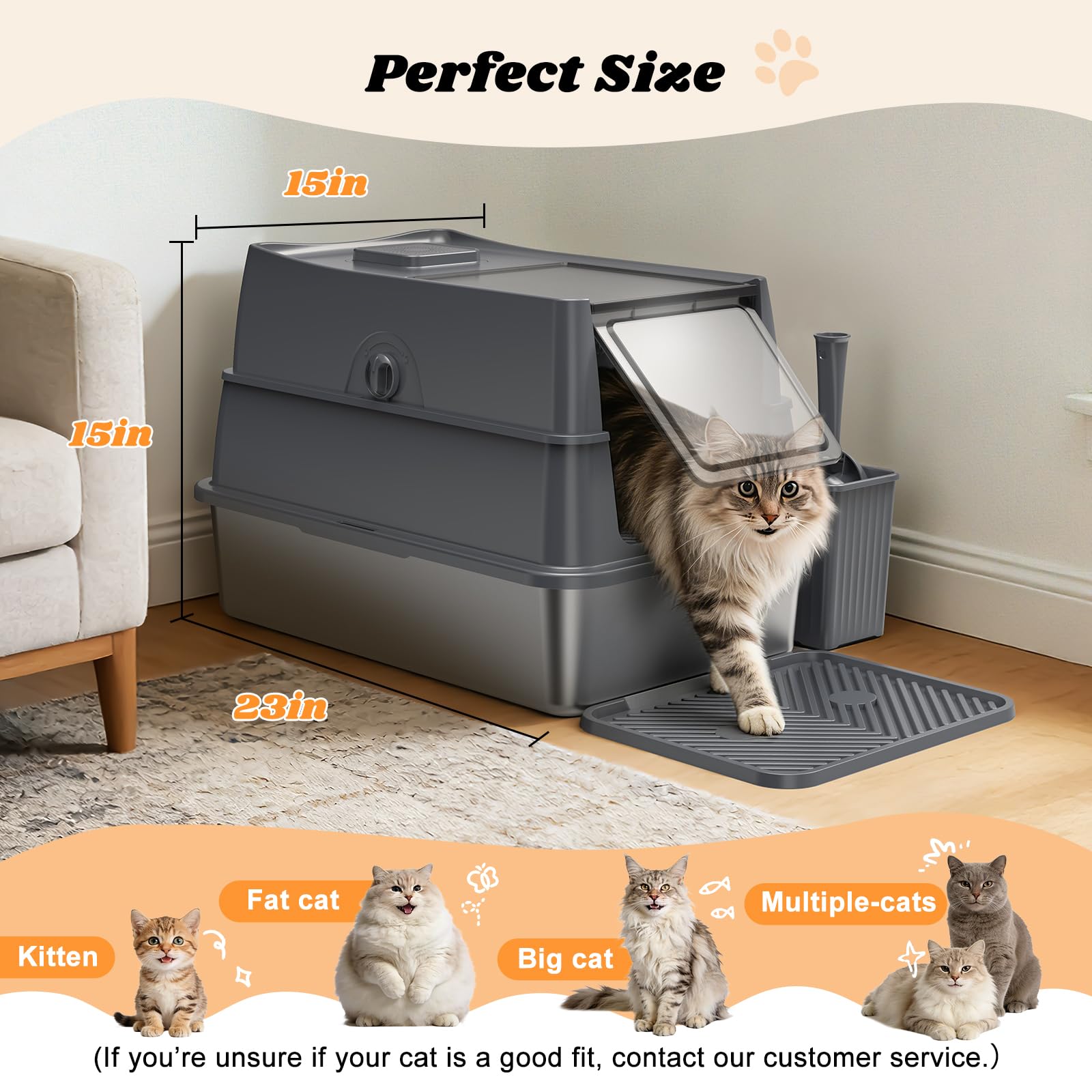 AIPERRO Caja de arena cerrada para gatos de acero inoxidable con tapa, caja de arena de metal con tapa de filtro de alta cara con juego de cuchara para gatos grandes, antiadherente, antifugas, fácil