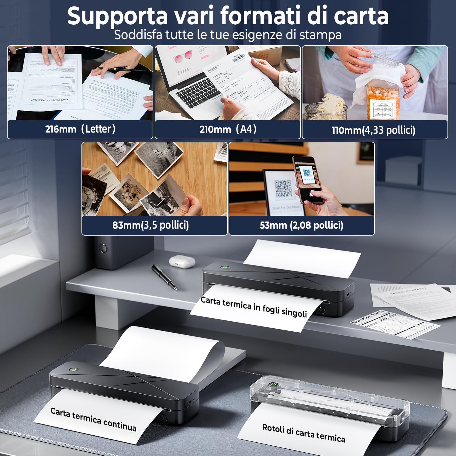 Stampante Portatile A4 Termica Senza Inchiostro Bluetooth per Telefono Laptop Auto Casa Ufficio