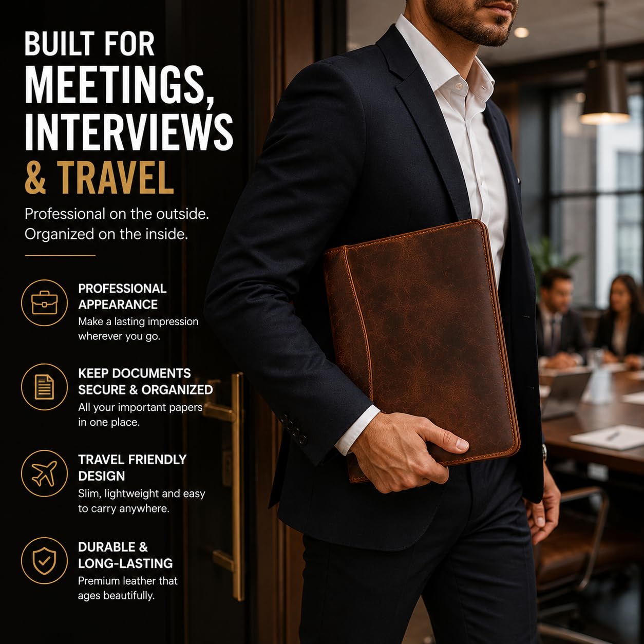 Portefeuille d'affaires en cuir – Porte-documents en cuir A4 pour homme et femme | Porte-documents professionnel avec porte-cartes de visite, bloc-notes et fente pour stylo – Idéal pour les réunions