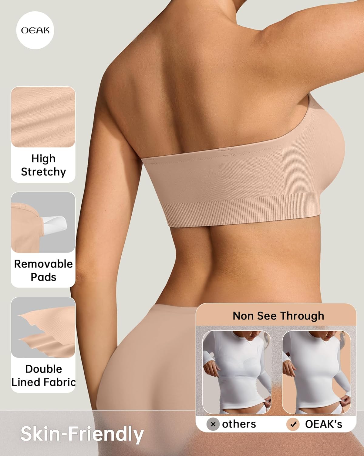 OEAK Strapless Bras for Women Wireless Bandeau Bra Non Slip Push Up Tube Top Seamless Bras Comfortable Padded Bralette - Image 3