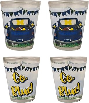 Game Day Outfitters Michigan Wolverines Set of 4 Shot Glasses Unique Pick-Up Truck Team Cheer 360 Artwork | Round 1.5 oz Clear Glass | For Alumni, Student, Fraternity and Resident Fans Gift Idea
