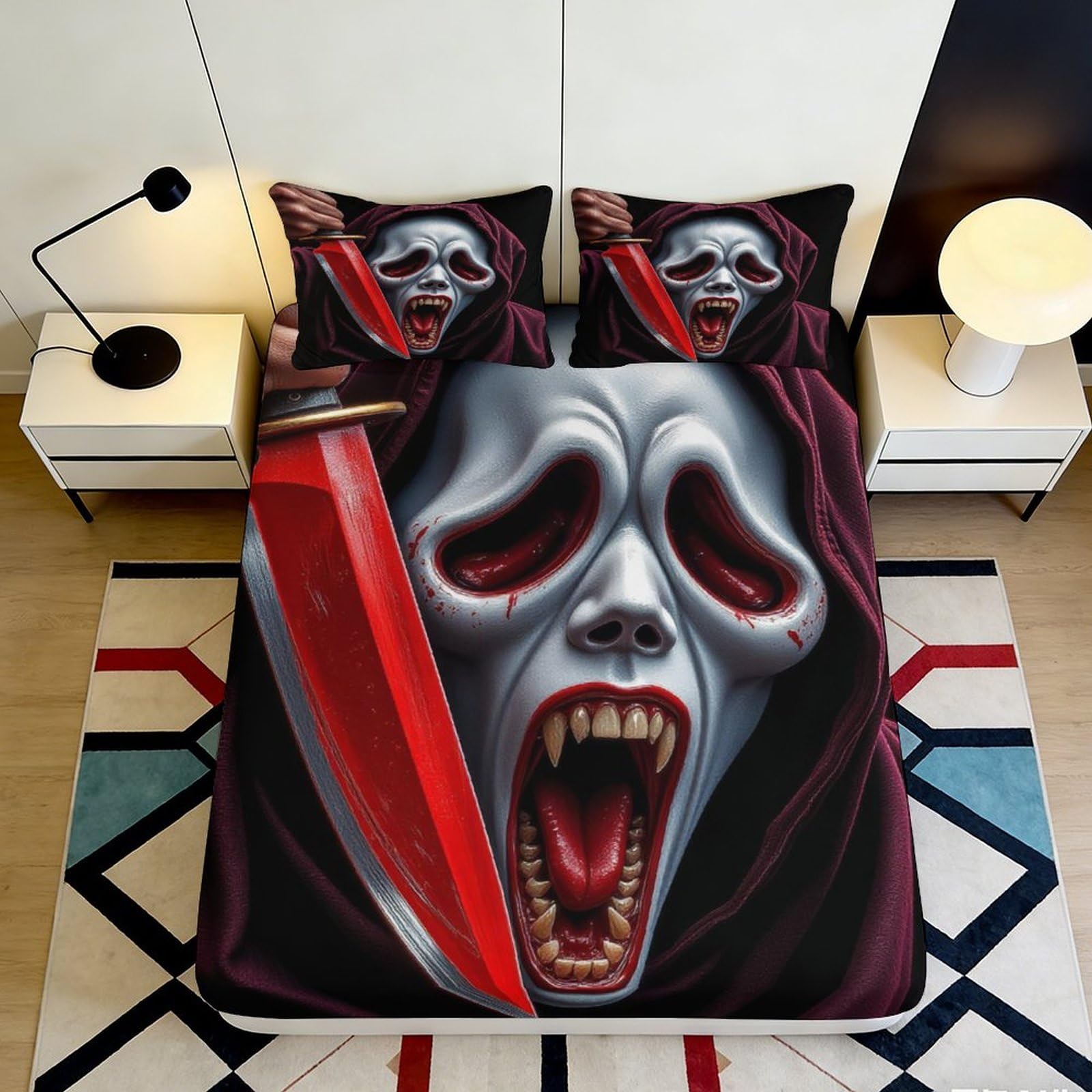 3D Printed Skull Red Fitted Sheet Microfiber Soft Breathable Gothic Mattress Cover for Bedroom Dorm Decoration 90x200x25cm
