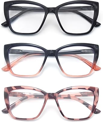 HIGHLIKE 3-Pack Reading Glasses for Women Stylish Cat-Eye Spring Hinge Clear Lenses Readers Anti Eyestrain