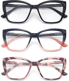 HIGHLIKE 3-Pack Reading Glasses for Women Stylish Cat-Eye Spring Hinge Clear Lenses Readers Anti Eyestrain