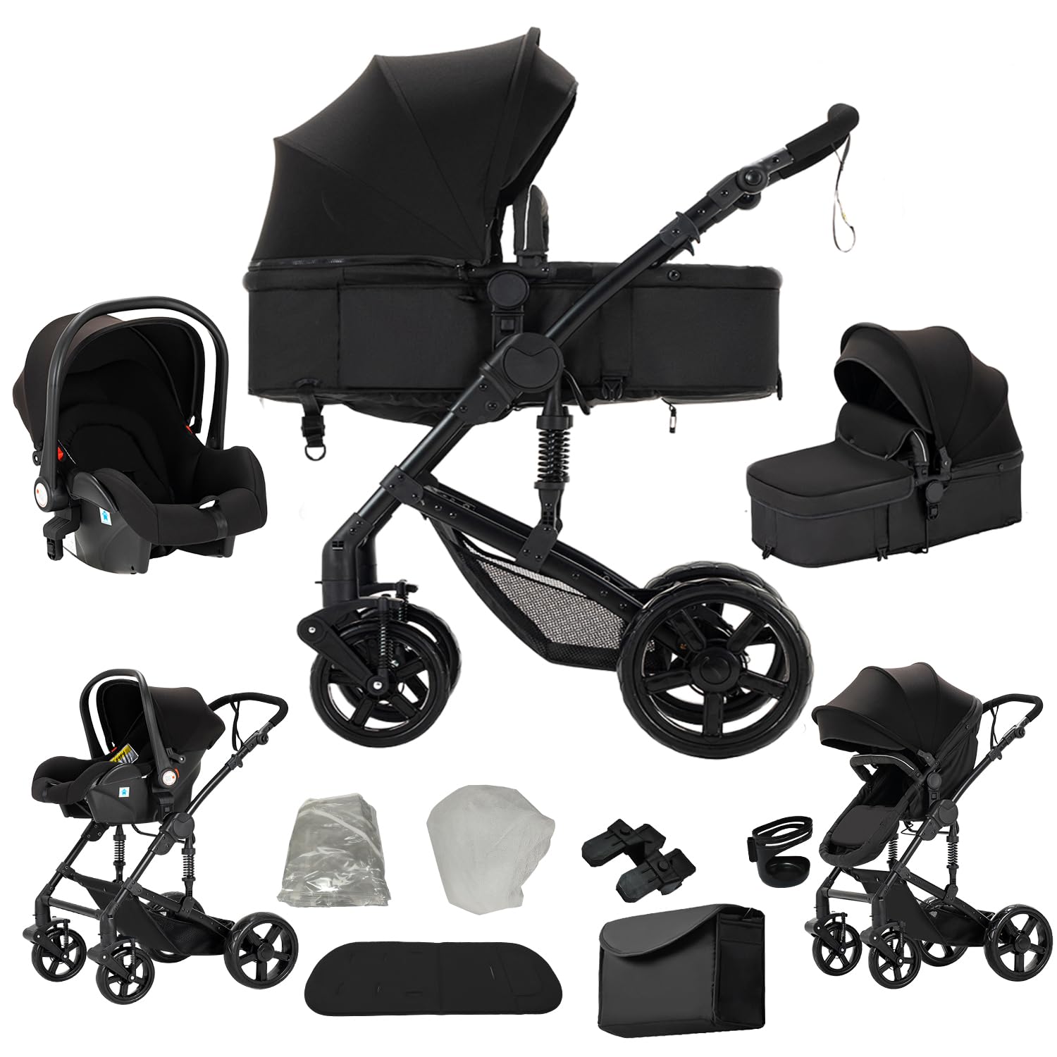 Veitoalioy Kinderwagen 3 in 1, Bequemer Multifunktionaler Kombikinderwagen 3 in 1 Komplettset, Aluminium Hohe Landschaft Babywagen, Faltbarer Kinderwagen Set (588 Black)